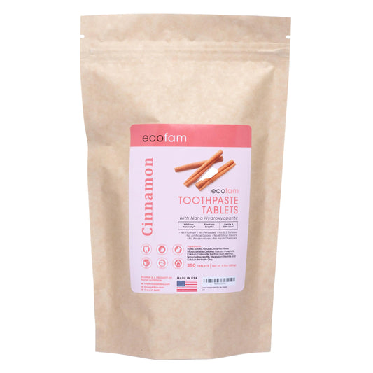 Ecofam Toothpaste Tablets – Cinnamon | Chewable Toothpaste Tablets for Fresh Breath | Fluoride Free | Nano Hydroxyapatite Toothpaste | 350-Count Refill Bag