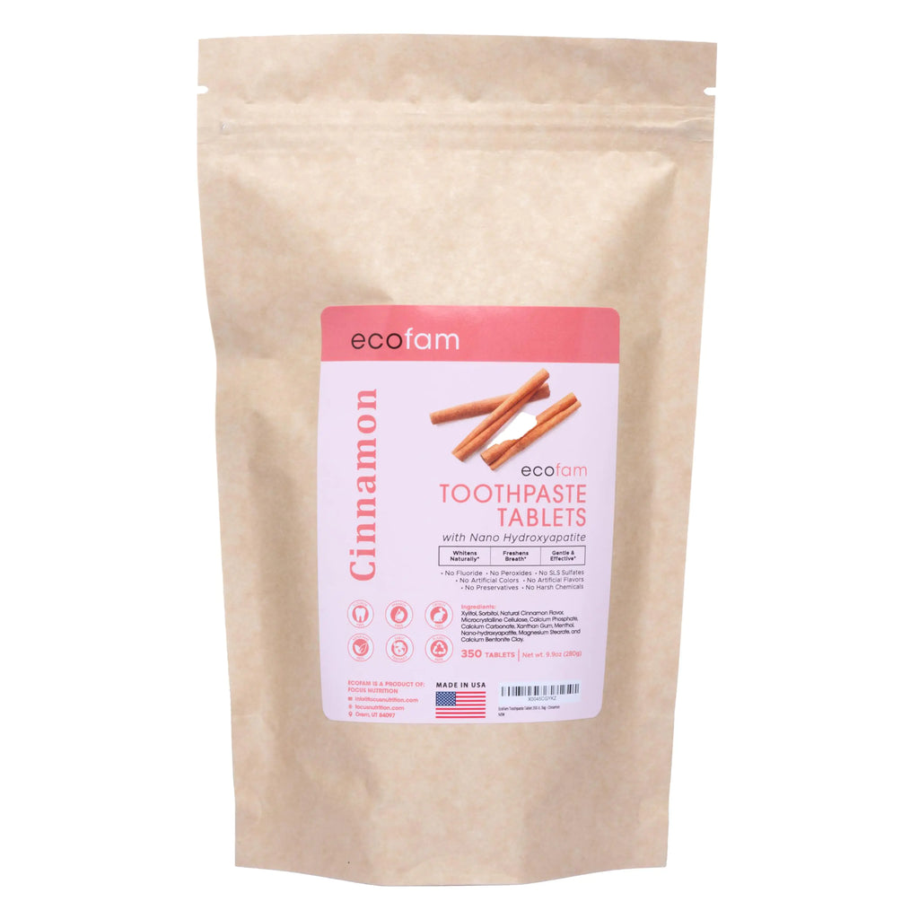 Ecofam Toothpaste Tablets – Cinnamon | Chewable Toothpaste Tablets for Fresh Breath | Fluoride Free | Nano Hydroxyapatite Toothpaste | 350-Count Refill Bag